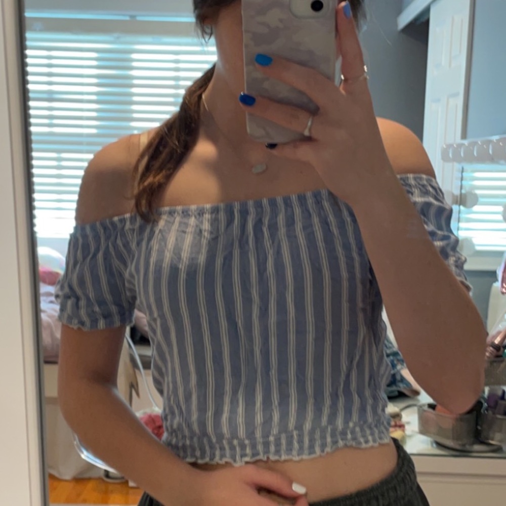 strapless blue and white striped top